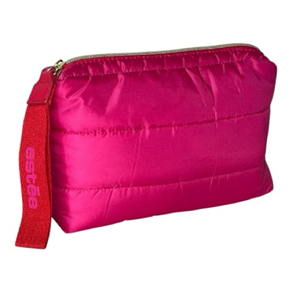 Estee Lauder Puffer Cosmetic Makeup Bag Hot Pink and Red Puffy Wristlet